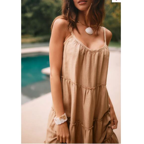 Anthropologie Eberjey Tan Linen Kesia Tiered Sleeveless Maxi Dress Size Medium - Picture 3 of 15